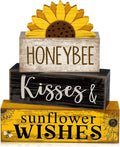 Lineshading 4 Pcs Summer Table Decor Wooden Sunflower Tiered Tray Decor Rustic Farmhouse Yellow Block Signs Gifts Summer Tabletop Centerpieces for Home Kitchen Coffee Bar Decorations
