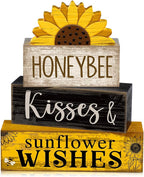 Lineshading 4 Pcs Summer Table Decor Wooden Sunflower Tiered Tray Decor Rustic Farmhouse Yellow Block Signs Gifts Summer Tabletop Centerpieces for Home Kitchen Coffee Bar Decorations