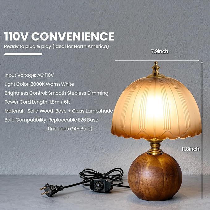 11.8" Decorative Wooden Table Lamp with Frosted Glass Shade, Dimmable Bedside Nightstand Lamp with E26 Socket & 6ft Cord, Small Accent Lamp for Bedroom & Living Room (Gradient)