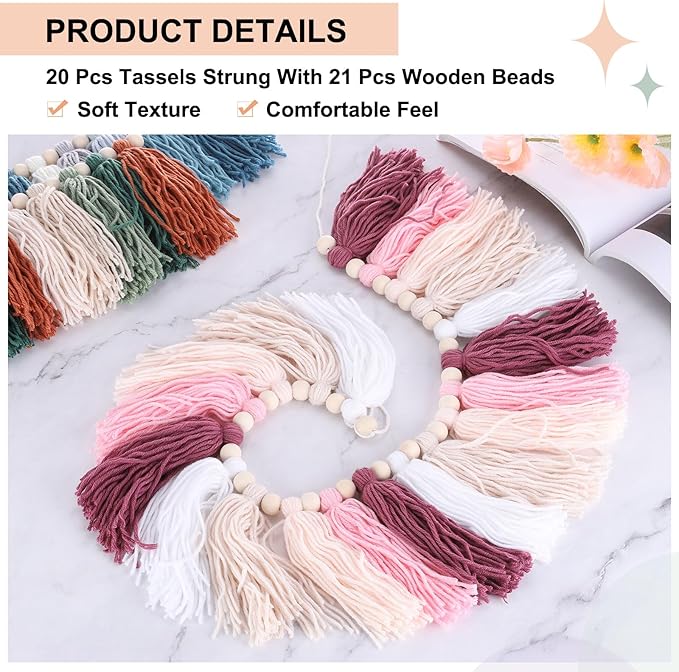 MECCANIXITY Bohemian Yarn Tassel Garland with Wood Beads,3.9Ft Brown Terracotta Fall Wall Hanging Tassels Banner Western Room Decor for Bedroom Office Nursery Classroom Party Decorations