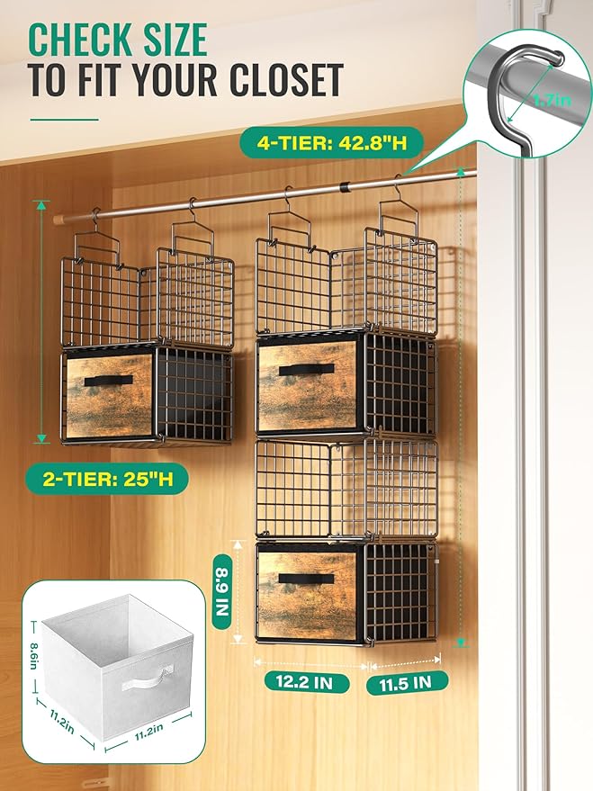 Hanging Closet Organizer with Drawers, 4 Tier Metal Closet Organizers and Storage with 4 Hanging Hooks 4 S-Hooks for Wardrobe Laundry Room, Wire Storage Shelf for Clothes Sweaters Pants (Black)