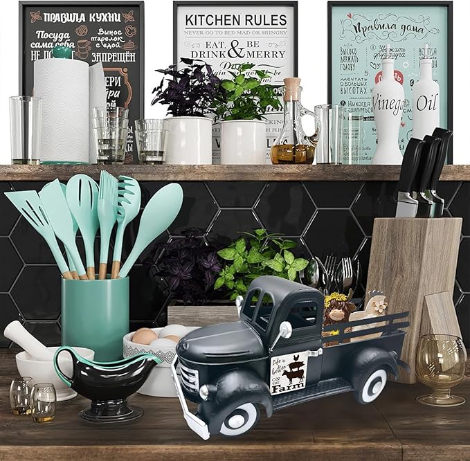 13.4 Inch Farmhouse Vintage Truck Decor with 20 Magnets Rustic Home Sweet Home Table Centerpieces Interchangeable Seasonal Holiday Decor Large Metal Pickup Truck Spring Garden Planter, Black