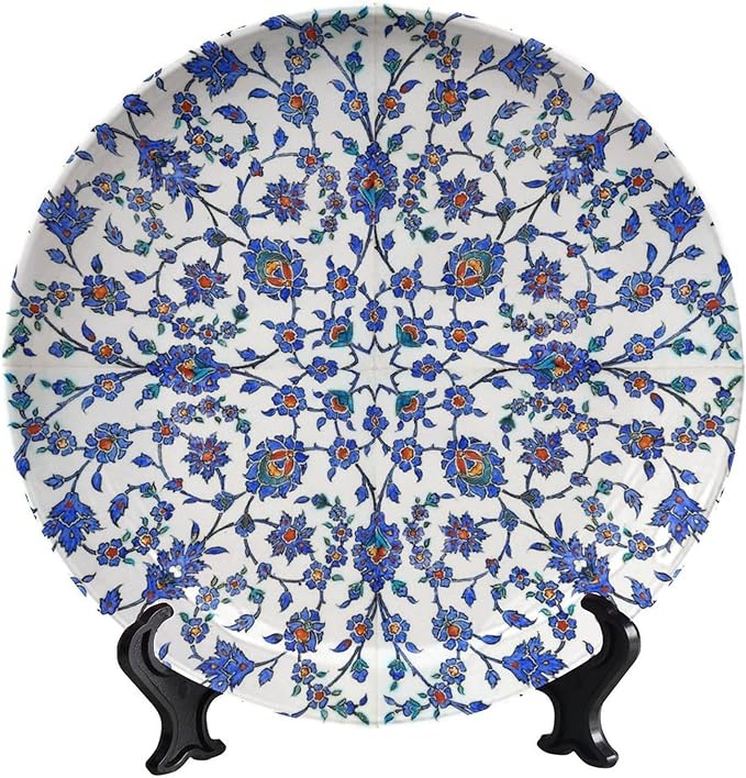Turkish Decorative Plate Holder, 8 Inch, RoyalBlue Round Display Plate, Home Wobble-Plate with Display Stand, for Wall Hanging Living Room Bathroom Decor Gift