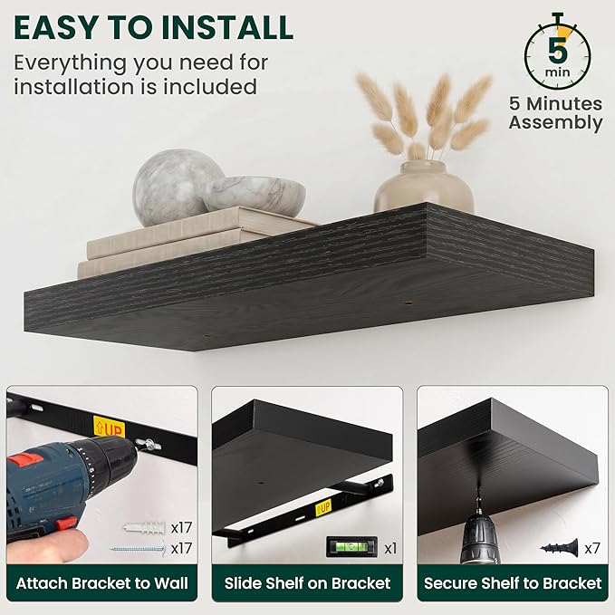 Floating Shelves for Wall 24 in x 9.3 in Deep, Wall Mounted Rustic Wood Shelf with Invisible Brackets for Storage & Display, Living Room Bedroom Bathroom, Black, 2 Pack