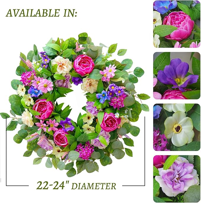 Spring Wreaths for Front Door Outside 24 Inch Spring Door Wreath with Pink Peony,Rose and Blue Hydrangeas, Handmade Silk Summer Wreaths for Front Door Home Wall Window Proch Seasonal Decor