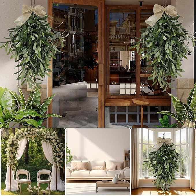 Olive Teardrop Swag – Holiday Artificial Olivee Dangling Ornament with Bow | 60cm/23.62 Inch Green Olive Swag Wreath for Wedding, Birthday, Party, Festival, Christmas, Home Decoration