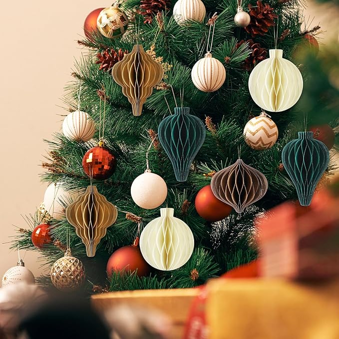 Gilprop 16 Pcs Christmas Paper Honeycomb Ornaments Paper Lantern Ornament 3D Hanging Honeycomb Balls Vintage Christmas Hanging Neutral Ornaments Decorations for Christmas Tree Xmas Holiday Party Decor
