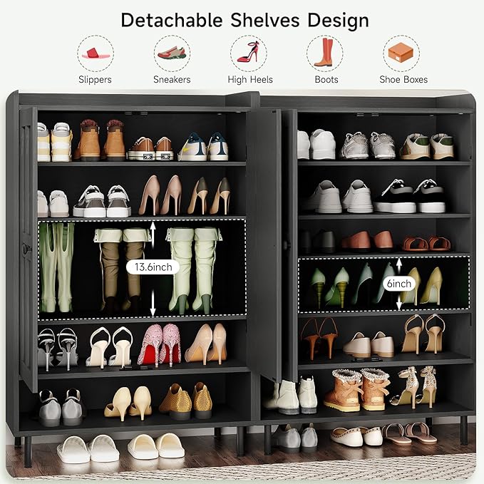 ONBRILL Shoe Cabinet with Cross Molding Doors, 6-Tier Shoe Storage Cabinet with 3 Adjustable Shelves and Metal Legs, 45'' Tall Shoes Rack Organizer Cabinet for Entryway, Front Door, Black