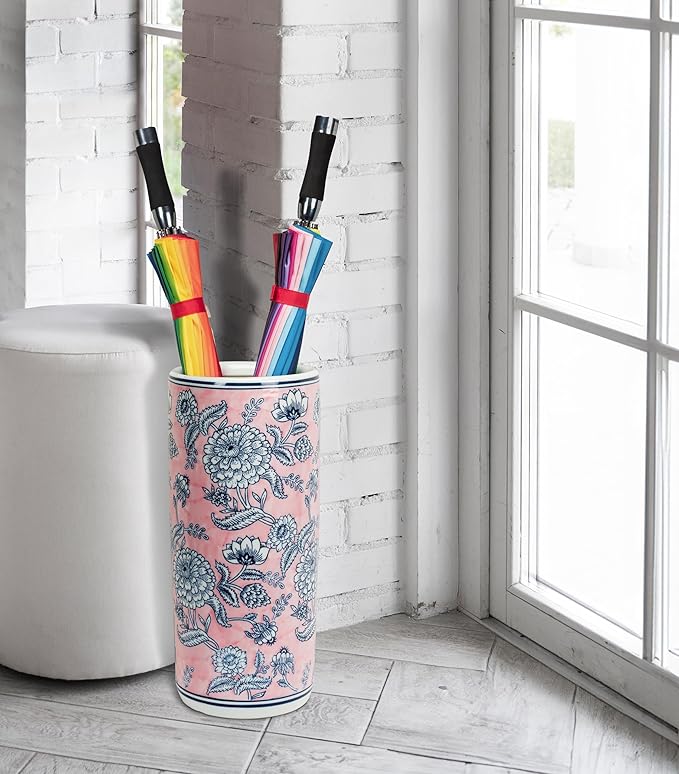 Abbott Collection Floral Print Patterned Umbrella Stand - Porcelain, Pink/Blue (18" H)