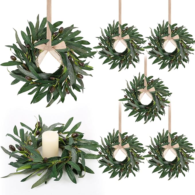 6 Pcs Artificial Summer Olive Wreaths Greenery Wreath Mini Green Kitchen Cabinet Wreaths Spring Wreath for Front Door Porch Wall Window Farmhouse Wedding Decoration