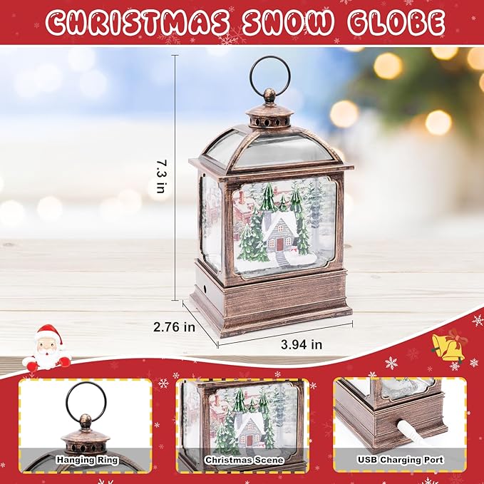 Christmas Snow Globe Lantern with 8 Music Songs & 6H Timer Water Snow Globe Lantern USB & Battery Operated for Christmas Festival Decorations Gifts (House)