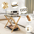 Fully Assembled Luggage Rack, 26.77" Natural Luggage Rack for Guest Room, Bamboo Folding Suitcase Stand with Fabric Storage Shelf, Heavy Duty 5 Nylon Straps Luggage Holder for Hotel, 1 Pack