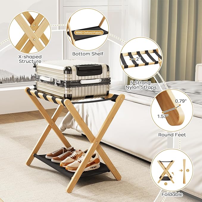 Fully Assembled Luggage Rack, 26.77" Natural Luggage Rack for Guest Room, Bamboo Folding Suitcase Stand with Fabric Storage Shelf, Heavy Duty 5 Nylon Straps Luggage Holder for Hotel, 1 Pack