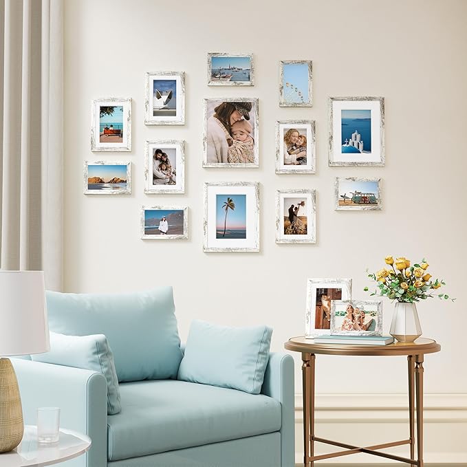 Vittanly 15 Pack Picture Frames Collage Wall Decor for Mounting or Tabletop Display, Gallery Frame Set for Family, Multi Sizes Including 3pcs 8x10, 6pcs 5x7, 6pcs 4x6, Distressed White