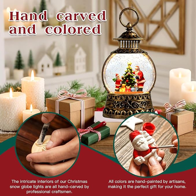Christmas Santa Snow Globe, Christmas Musical Snow Globe Lantern Lights with 6H Timer Battery & USB Powered, Retro Style Holiday Glitter Globe for Xmas Home Decoration Holiday Party Gifts