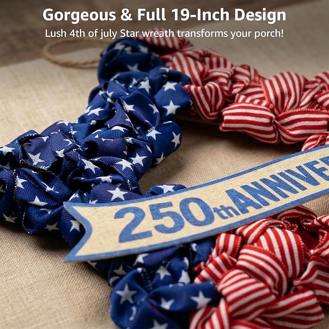 4th of July Wreath Patriotic Decorations for Front Door - 19 inch Memorial Day 250th Anniversary USA Fourth of July Burlap Star Wreath, Red White and Blue Hanging for Independence Day 2026 Decor