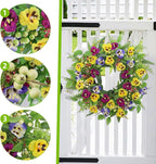 22 Inch Artificial Spring Summer Wreaths for Front Door,Pansy Flower Wreath with Eucalyptus Leaves,Berries,Ferns for Indoor Outdoor Wall Porch Festival Farmhouse Home Holiday Decor.