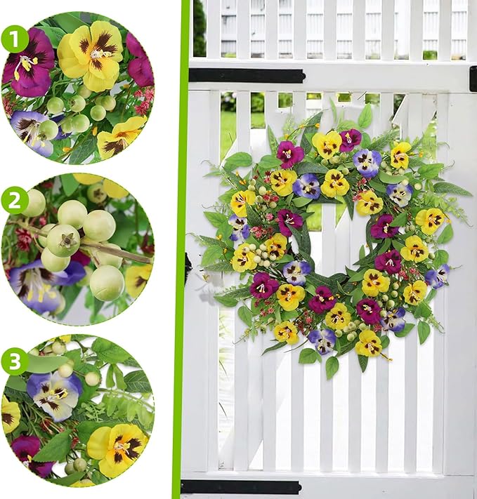 22 Inch Artificial Spring Summer Wreaths for Front Door,Pansy Flower Wreath with Eucalyptus Leaves,Berries,Ferns for Indoor Outdoor Wall Porch Festival Farmhouse Home Holiday Decor.