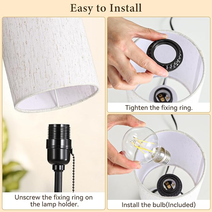 SIBRILLE Table Lamp for Bedroom, Dual Light Nightstand Lamp with Fabric Shade & Ceramic Carved Night Light Base, Individual Controls Bedside Lamp for Living Room, 8W LED Bulb Included