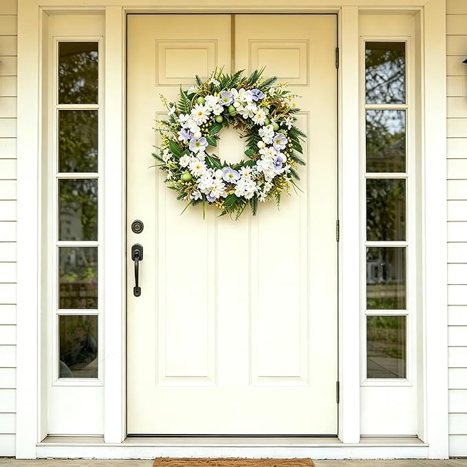 Idyllic 22 Inch Summer Wreaths for Front Door - White Blue Flowers on Green Foliage Base for Seasonal Home Outdoor Decor