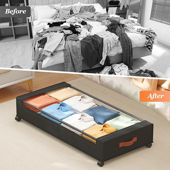 Yecaye 70L Under Bed Storage with Wheels, 3 Pack Larger Capacity Under Bed Storage Containers, Underbed Shoe Storage Organizer, Rolling Under Bed Metal Drawers for Clothes, Blankets, Black