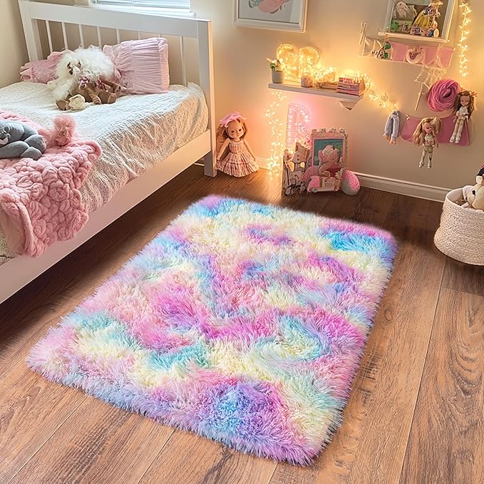 Small Area Rug, 2x3 Rainbow Rug for Bedroom Shaggy Throw Rugs for Girls Room, Soft Carpet for Kids Room, Plush Non-Slip Fluffy Bedside Rug for Living Room Nursery Dorm Home Decor