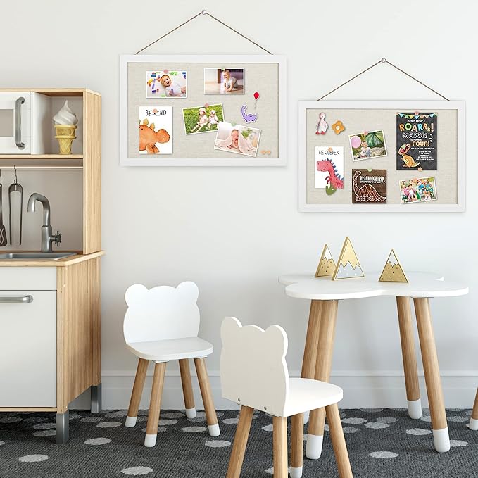 AKTOP 2-Pack Cork Board Bulletin Board 16x11 inch, Small Framed Corkboard with Linen for Wall, Hanging Pin Board Picture Board for Home Office Decor, Cute Vision Board with 25 Pushpins (Vintage White)