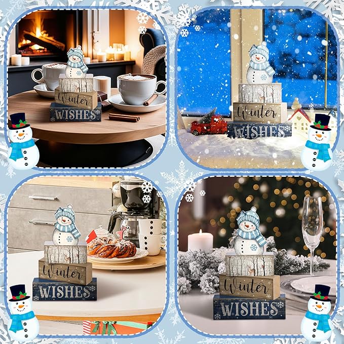 Lineshading 4 Pcs Snowman Christmas Table Decorations Blue and White Wooden Snowman Stacked Block Sign Gifts Winter Tiered Tray Decor Rustic Winter Table Centerpiece Farmhouse for Home Kitchen Shelf