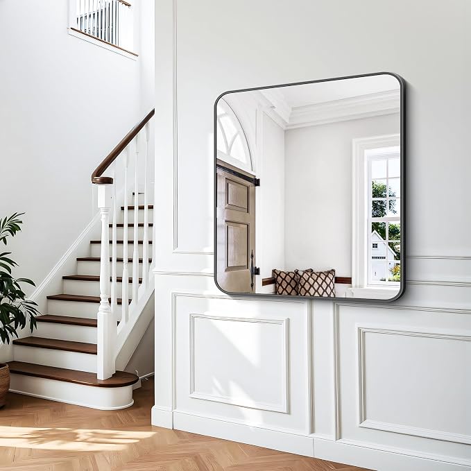 BONEWEI 36x40 inch Bathroom Mirror,Black Rectangle Mirror,Wall Mounted Bathroom Frame Vanity Mirror with Round Corner for Bedroom Living Room,Entryway Hangs Horizontal or Vertical
