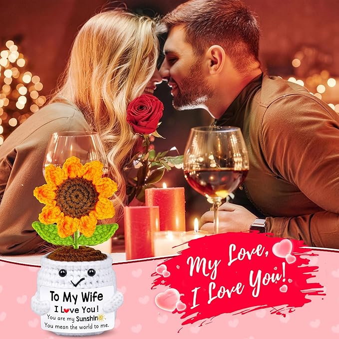 Gifts for Wife Her from Husband, To My Wife Handmade Crochet Mini Sunflower Doll, Valentines Anniversary Wedding Birthday Romantic Gifts for Women Her, Mothers Day I Love You Cute Sweet Gift for Wifey