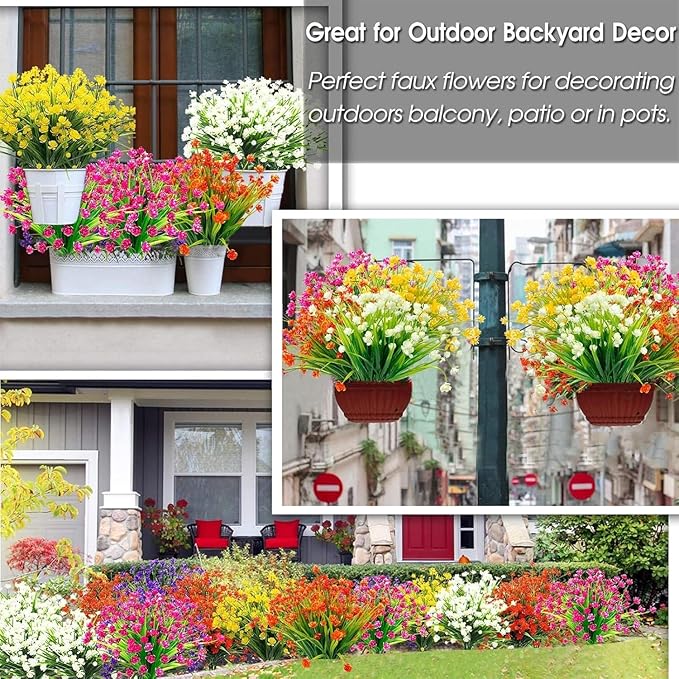 TURNMEON 20 Bundles Artificial Flowers for Outdoors Fake Plants Spring Decor, UV Resistant Artificial Plants Cemetery Flowers Faux Plastic Greenery Shrub for Home Porch Summer Decor 580 Heads(Magenta)