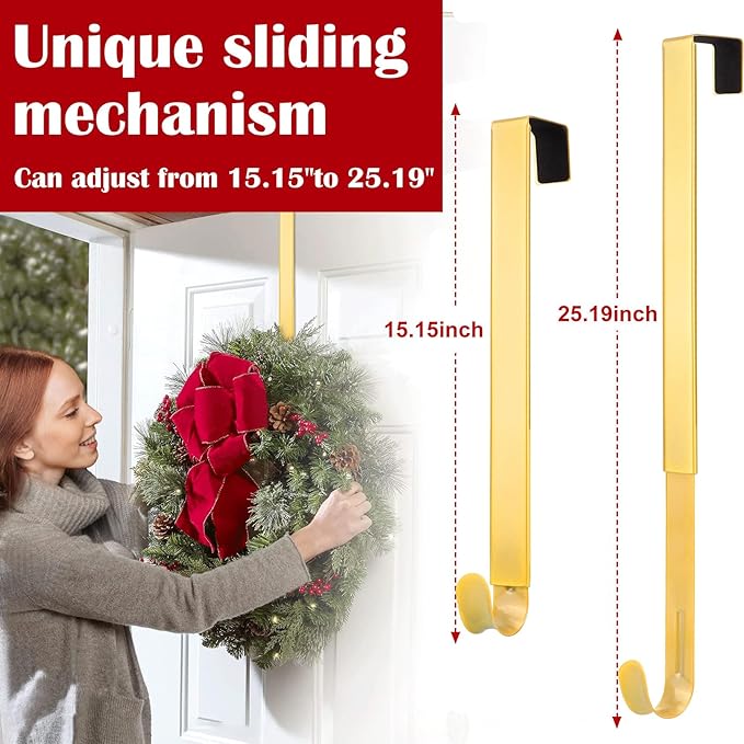 Wreath Door Hanger, Adjustable Wreath Hangers for Front Door from 15 to 25 Inch, Non Scratch Over the Door Hooks, 20lbs Metal Hook Perfect for Heavy Easter Halloween Christmas Wreaths Home Decorations