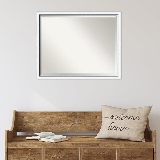 Amanti Art White Wall Mirror 24x30 Morgan White Blue Rectangle Bathroom Mirror for Wall Decor Living Room, Large Modern Wood Frame, Hangs Horizonally and Vertically, Bathroom Decor, Beveled Edge