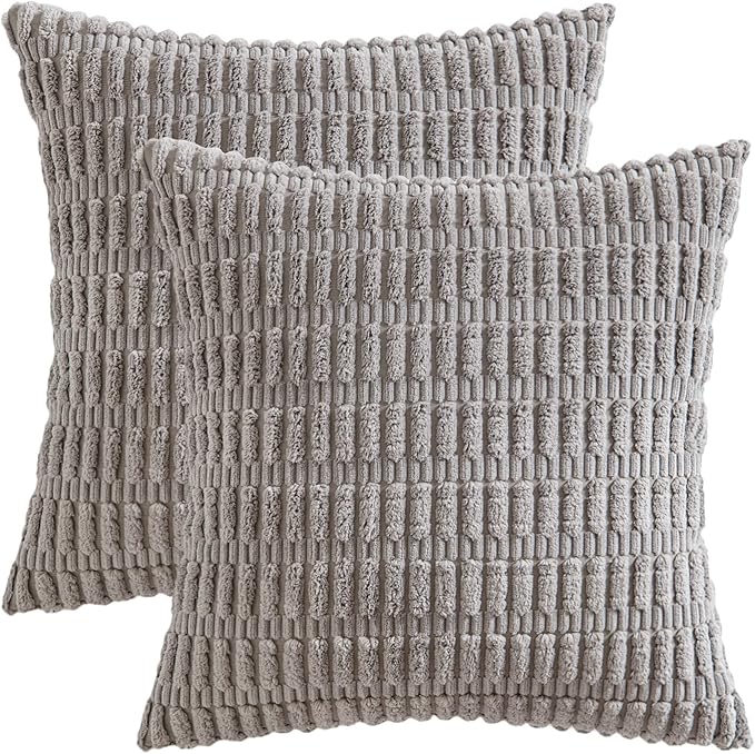 MIULEE Pack of 2 Corduroy Decorative Euro Sham Throw Pillow Covers 26x26 Inch Soft Boho Striped Pillow Covers Modern Farmhouse Home Decor for Sofa Living Room Couch Bed Light Grey