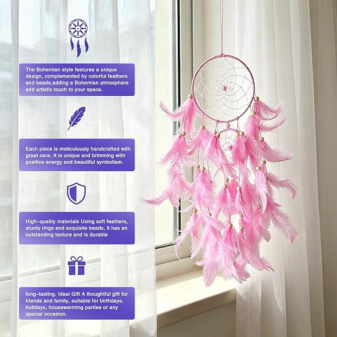 Pink Dream Catcher Wall Decor Handmade Feathers Dreamcatcher Wall Hanging Ornament Room Decor, Dream Catchers for Girls Kids Boys Bedroom Decor Art Craft Gift
