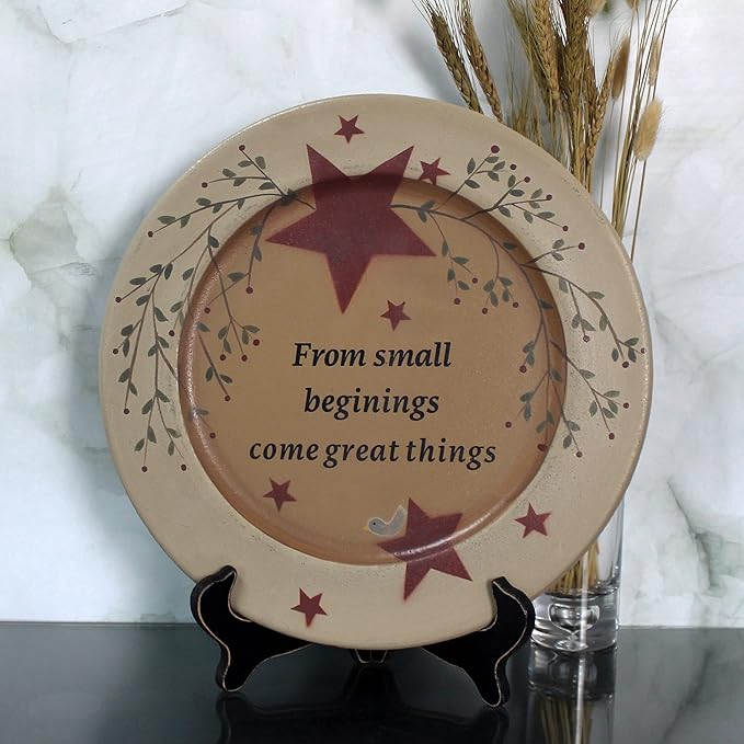 CVHOMEDECO. Primitives Vintage “from Small Beginings, Come Great Things” Wood Decorative Plate Round Display Wooden Plate Home Décor Art, 13-1/4 Inch