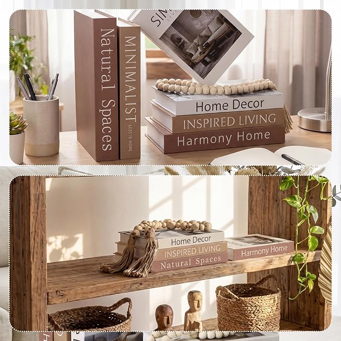 Menkxi 6 Aesthetic Decorative Books Set with Tassel Wood Bead Coffee Table Decor Faux Books with Simple Design for Modern Home Decor Inspired Living Decoration Photo Storage and As a Keepsake Box