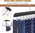 Tie Rack Hanger for Closet, 2 in 1 Belt Tie Hangers with 20 Folding Hooks, 360 Degree Rotating Wooden Tie Holder Organizer for Men Ties Belts Scarves Tank Tops Accessories, Black (1 Pack)