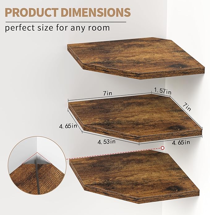 Fun Memories Corner Shelf Wall Mount, Floating Corner Shelves, Set of 3 Corner Wall Shelf Organizer, Rustic Wood Wall Storage Display Shelves for Living Room Bedroom Bathroom Kitchen, Rustic Brown