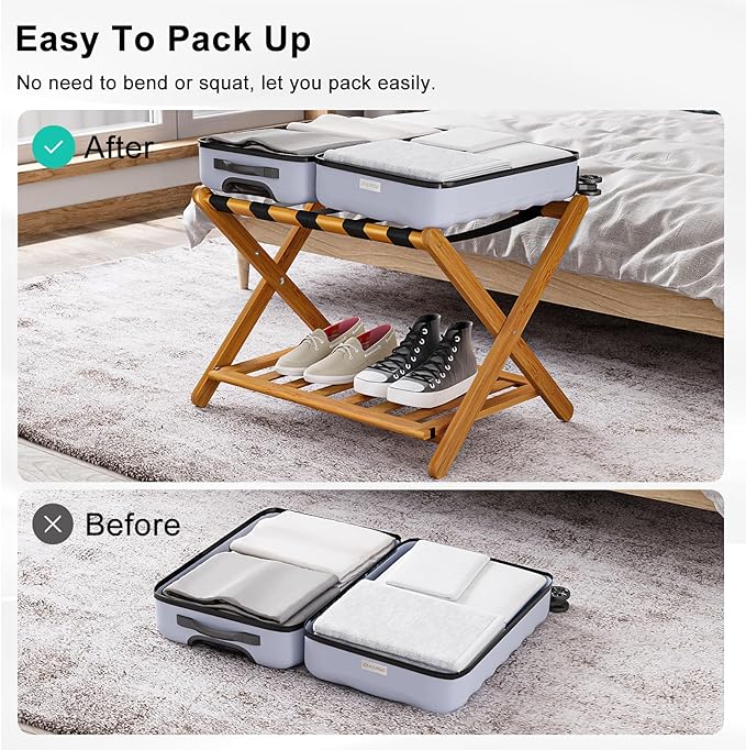 Smuxee Fully Assembled Honey Luggage Rack, Upgraded Bamboo Foldable Suitcase Stand with 5 Nylon Straps, Luggage Holder with Shelf for Guest Room Bedroom Hotel