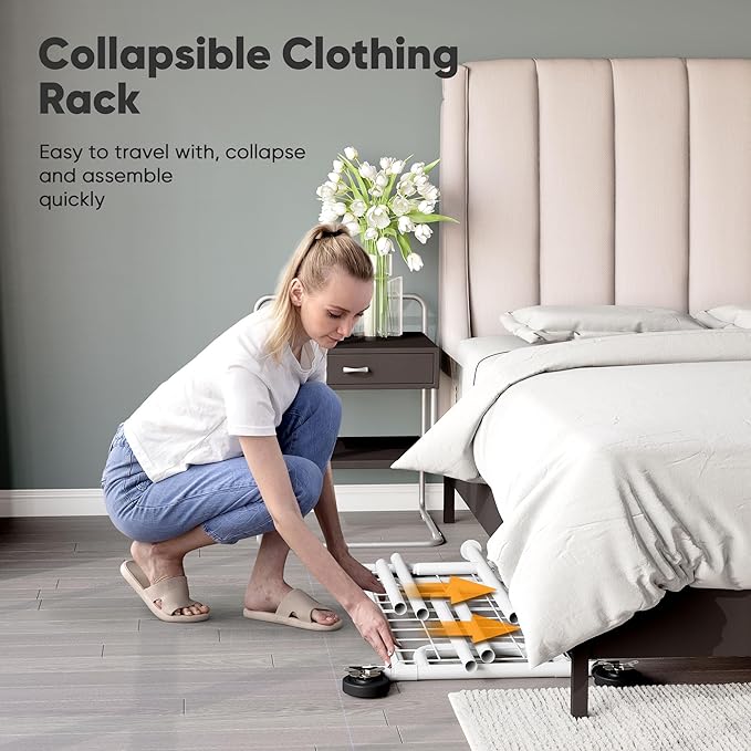 HOKEEPER Clothes Rack Collapsible Clothing Garment Rack Capacity 525LBS Clothing Racks on Wheels Heavy Duty Rolling Clothes Rack for Hanging Clothes for bedroom, Commercial, White 22"D x 75"W x 71"H