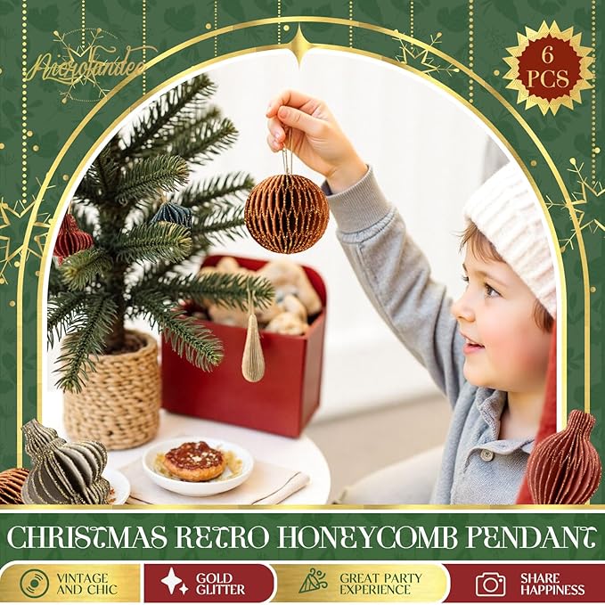 NICROLANDEE Christmas Decorations, 6 PCS Christmas Paper Honeycomb Ornaments with Glitter Edge, Mini Hanging Paper Lanterns for Christmas Tree Decoration Xmas Holiday Party New Year Decor