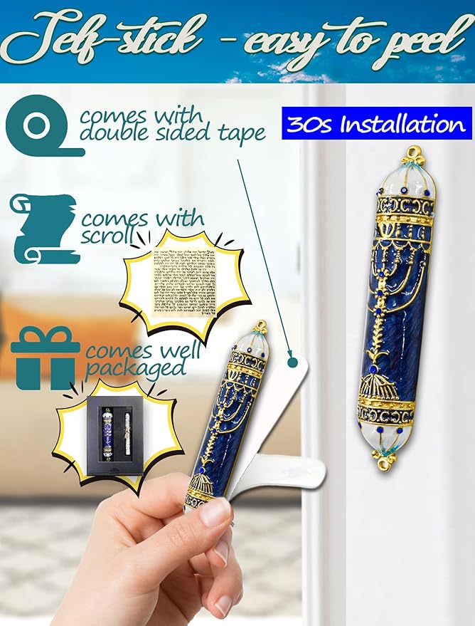 Exquisite Enamel Design Mezuzah with Scroll, Easy Install Use Double-Sided Tape, Royal Blue Mezuzah for Door with Crystal Diamond Accent for Any Memorable Jewish Occasions, 3.8”