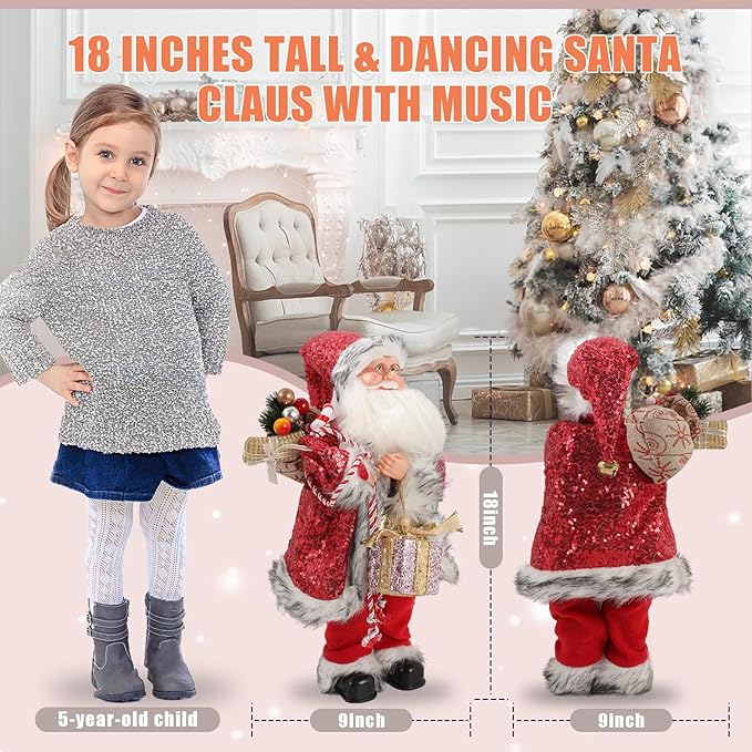 Gfilay 18 Inch Animated Plush Santa Figurine with Music and Movement, Collectible Red Sequin Coat Christmas Decoration, Singing Dancing Santa Claus Holiday Centerpiece Gift for Home or Store