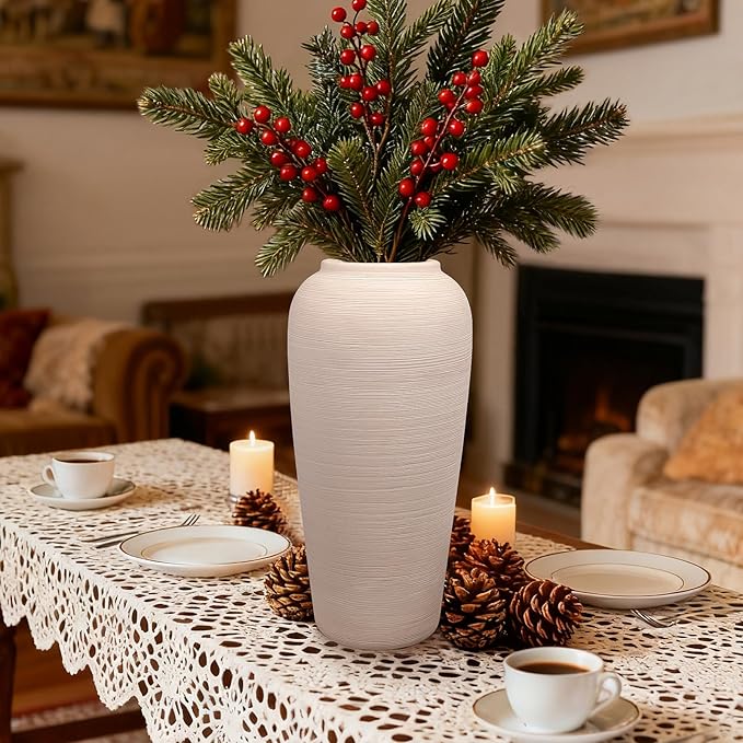 Tall Ceramic Vase 12 Inch Neutral Textured Vase,Cream Ceramic Vase for Home Decor,Farmhouse Tall Ceramic Flower Vase for Dining Table,Living Room,Kitchen,Bedroom,Entryway