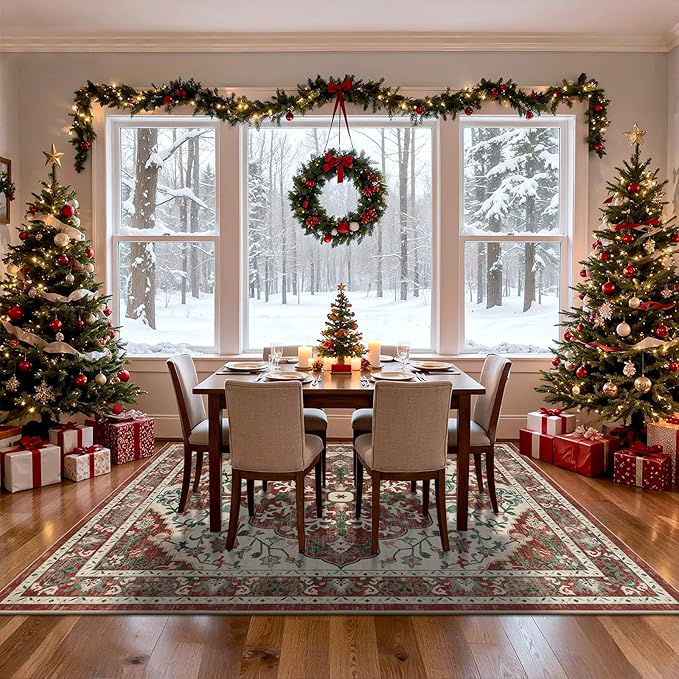 U'Artlines Red Christmas Area Rug 8x10 Large Boho Washable Soft Winter Holiday Carpet for Living Room Bedroom Dining Room Office Indoor Rugs for Xmas Decor