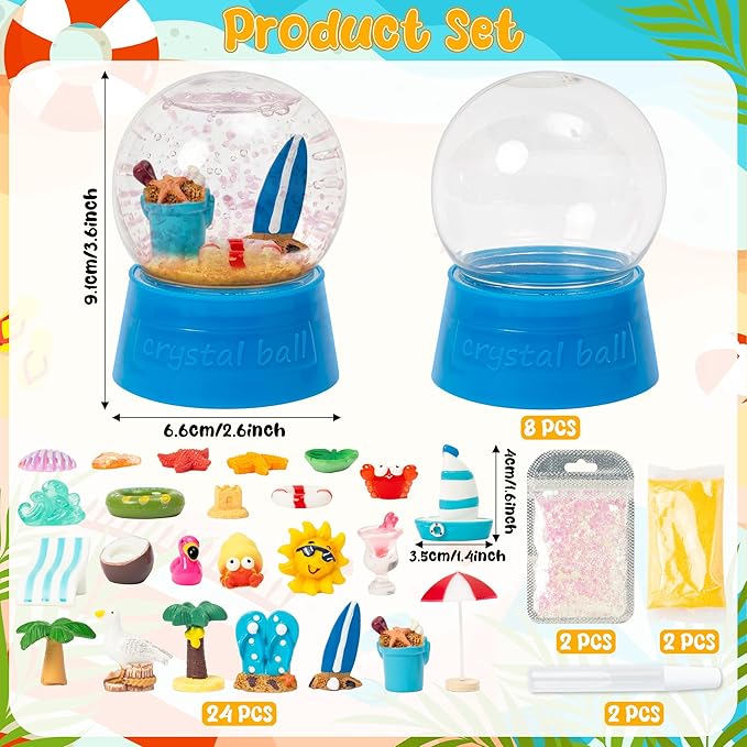 Summer Snow Globes Craft Kit - 8 Set DIY Plastic Snow Globe Craft with Mini Resin Coconut Trees, Make Your Own Party Favor Decor with Glitter for Classroom Activity Gift (Beach)