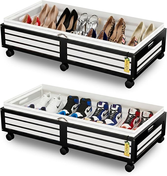 Under Bed Storage Containers with Wheels, Larger Bamboo Wood Under Furniture Storage Containers with Dust Bags，Rolling for Shoes Clothes