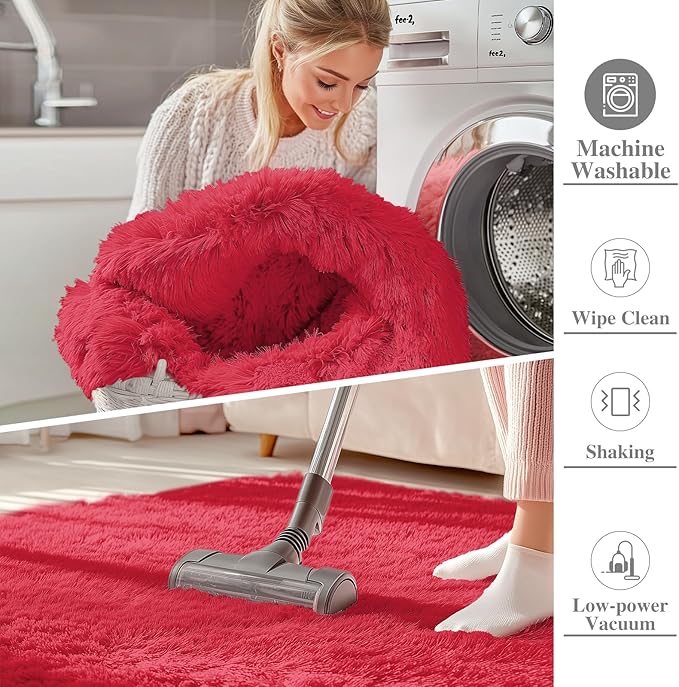 OLANLY 2x8 Machine Washable Runner Rugs for Hallway, Soft Fluffy Shaggy Bedside Rugs for Bedroom, Living Room, Indoor Floor Carpet for Kids Girls and Boys, Nursery Rooms, Home Decor Aesthetic, Red
