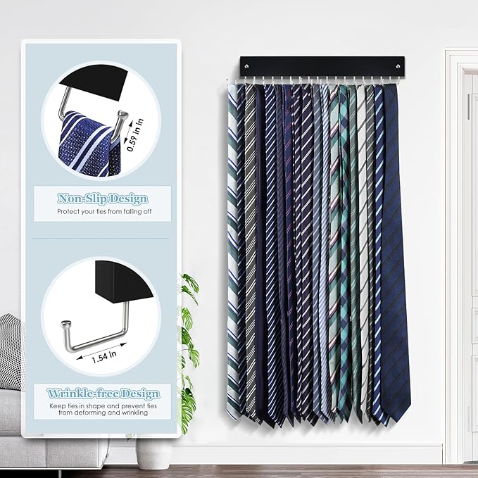 Tie Rack Belt Hanger Wall Mounted, Lomrsiul Non Slip 180 Degree Rotating Tie Organizer for Men Closet with 18 Hooks Closet Organizers and Storage for Tie Belt Necklace Purse Scarf Bag Black 2 Pack